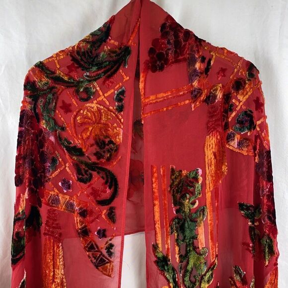Chico's Red Silk Burnout Fringe Metallic Scarf - Picture 6 of 10